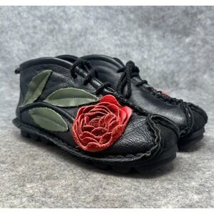 Japanese Leather Artsy Fairy Boots Size 240 Floral Applique Black Womens US 7.5